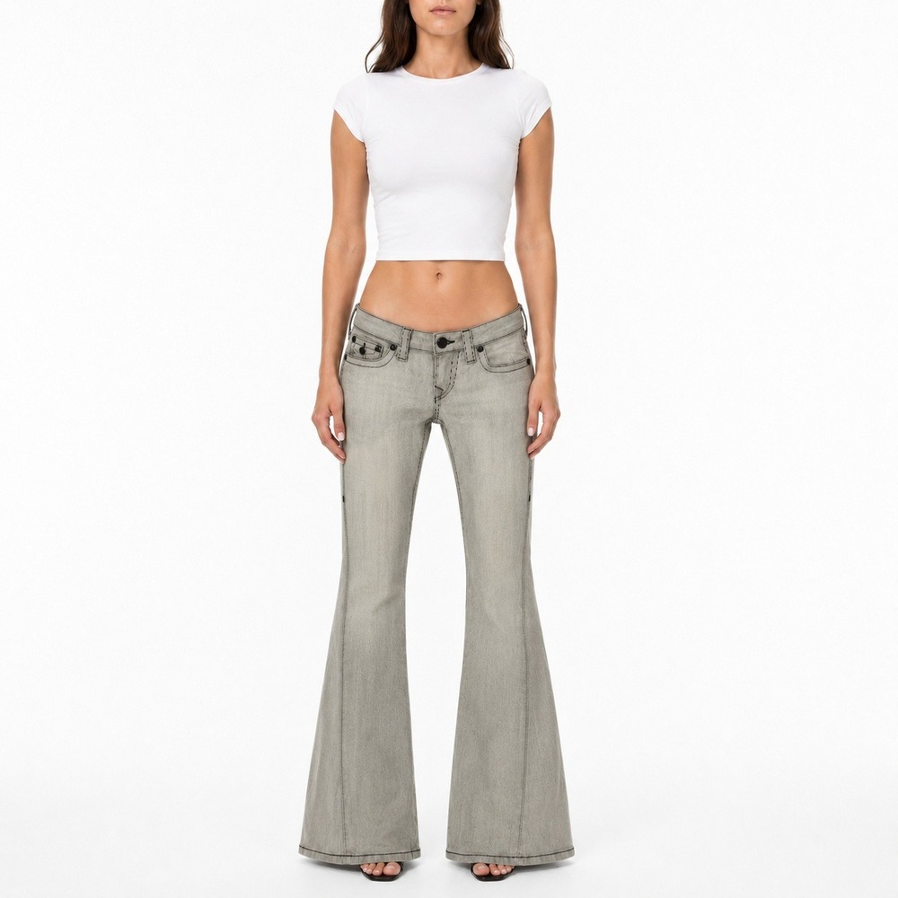 True Religion Joey Flare Jeans Women 28 Grey Black Contrast Stitch Low Rise